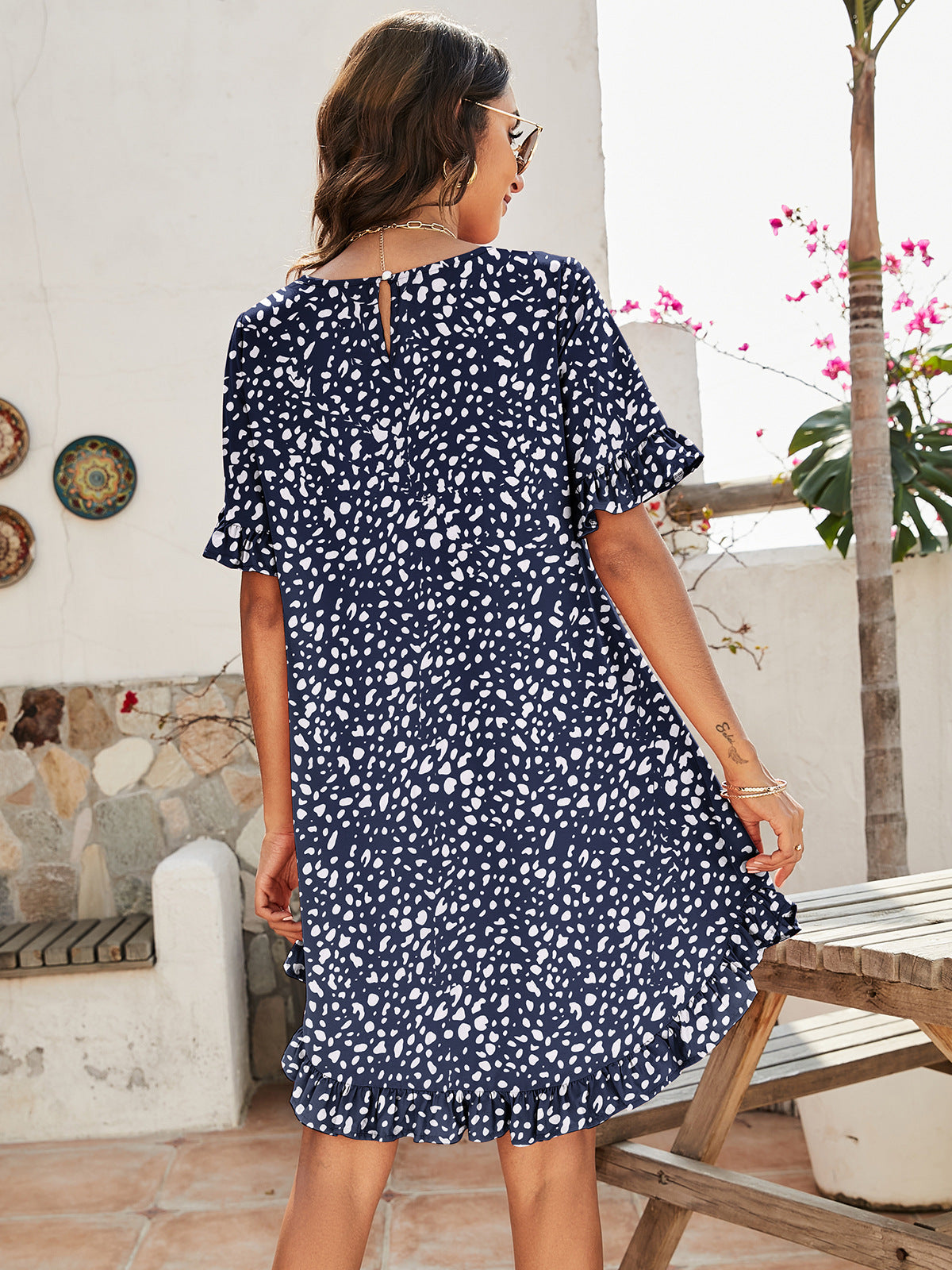 Printed Flounce Sleeve Ruffle Hem Dress